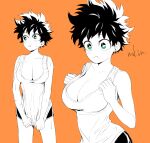  1girl boku_no_hero_academia breasts cleavage frown genderswap genderswap_(mtf) green_eyes large_breasts midoriya_izuku mkm_(mkm_storage) multiple_views orange_background scar scar_on_arm scar_on_hand shirt_tug short_shorts shorts signature simple_background spot_color sweatdrop tank_top 