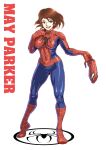  1girl abs blue_eyes bob_cut bodysuit breasts brown_hair character_name chou_denji_mayuge covered_navel floating_hair holding holding_mask looking_at_viewer marvel mask mask_removed mayday_parker medium_breasts red_bodysuit short_hair skin_tight smile solo spider-girl spider-man_(series) spider_web_print standing superhero white_background 
