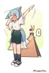  1girl ah_zhong_(mountain_han) ahoge animal_ears ball black_legwear blue_footwear blue_hair blush bowling bowling_ball bowling_pin bracelet chinese_text closed_eyes dab_(dance) ears_down failure fox_ears fox_tail full-face_blush green_shorts jewelry long_hair mountain_han multiple_tails original shoes shorts signature socks solo standing tail tearing_up translation_request two_side_up 