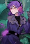  1girl amity_blight belt black_shirt bottle cave clay closed_mouth ear_focus earmuffs finger_gun frown gloves grey_gloves hand_up highres holding holding_staff iotxva jacket key magic purple_hair purple_jacket shirt short_hair snow solo staff stalactite the_owl_house witch yellow_eyes 