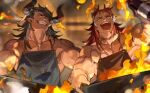  2boys apron bara black_apron black_hair blue_apron body_markings closed_eyes cooking draph earrings frying_pan granblue_fantasy holding holding_frying_pan horns jewelry large_pectorals long_hair male_focus multiple_boys muscular muscular_male one_eye_covered open_mouth pectorals picube525528 pointy_ears red_hair reinhardtzar smile teeth upper_body wilnas_(granblue_fantasy) 