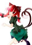  1girl animal_ears bow braid cat_ears cat_tail dress extra_ears foot_out_of_frame from_side highres kaenbyou_rin looking_at_viewer multiple_tails muumuu_(sirufuruteienn) nekomata puffy_sleeves red_eyes red_hair simple_background solo tail tongue tongue_out touhou twin_braids white_background 