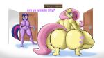  anthro anthrofied big_breasts big_butt breasts butt crouching duo equid equine friendship_is_magic genitals hair hi_res horn huge_butt looking_at_viewer looking_back looking_back_at_viewer mammal my_little_pony pink_hair pussy twilight_sparkle_(mlp) unicorn 