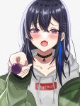  1girl :o akue bangs blue_hair blush candy collarbone eyebrows_visible_through_hair fang food green_jacket grey_hoodie half-closed_eyes highres holding holding_candy holding_food holding_lollipop hood hoodie ichinose_uruha incoming_food jacket lollipop lupinus_virtual_games multicolored_hair off_shoulder open_mouth portrait purple_eyes skin_fang solo streaked_hair virtual_youtuber vspo! 