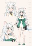  1girl animal_ears black_choker blush breasts choker closed_mouth dress frown green_eyes green_footwear height height_chart highres long_hair looking_at_viewer mao_lian_(nekokao) medium_breasts multiple_views off_shoulder original pigeon-toed shoes short_dress smile tail thigh_strap white_dress white_hair 