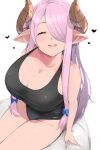  1girl :d absurdres ball bare_arms bare_shoulders black_swimsuit blue_bow blush bow breasts cleavage collarbone competition_swimsuit draph facing_viewer from_above granblue_fantasy hair_bow hair_over_one_eye heart highres horns kntrs_(knyrs) large_breasts long_hair narmaya_(granblue_fantasy) one-piece_swimsuit open_mouth pink_hair pointy_ears sidelocks simple_background sitting smile solo swimsuit very_long_hair white_background 