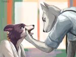  2021 anthro beastars blue_eyes brown_body brown_fur canid canine canis clothed clothing detailed_background duo female fur grabbing hi_res holding_snout inside juno_(beastars) legoshi_(beastars) male mammal multicolored_body multicolored_fur open_mouth signature tvard two_tone_body two_tone_fur window wolf 