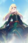  1girl bangs belt blonde_hair blue_sky blush breasts character_name dress echo_(circa) gerda_(fate) green_dress green_eyes long_hair long_sleeves looking_up open_mouth pouch sky small_breasts smile solo 