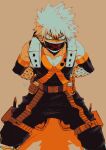  1boy arms_behind_back bakugou_katsuki black_footwear black_pants blonde_hair boku_no_hero_academia boots covered_mouth duct_tape explosive gag gagged grenade improvised_gag knee_pads kneeling limited_palette looking_at_viewer male_focus mkm_(mkm_storage) orange_background pants red_eyes signature solo spiked_hair tape tape_gag 