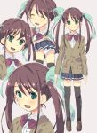  1boy :d blue_skirt bow brown_hair cardigan closed_eyes crossdressing green_eyes green_ribbon homing_(areya) long_hair multiple_views original otoko_no_ko panties pantyshot red_bow ribbon school_uniform skirt smile thighhighs twintails underwear white_panties 