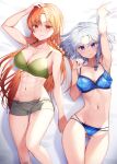  2girls abs arm_up armpits ass_visible_through_thighs bangs bare_arms bare_shoulders bed_sheet blue_bra blue_eyes blue_panties bra braid breasts cleavage commentary_request eyebrows_visible_through_hair feet_out_of_frame green_bra grey_shorts hand_up highres hong_meiling izayoi_sakuya kaede_(mmkeyy) large_breasts lips long_hair lying medium_breasts multiple_girls navel no_hat no_headwear on_back orange_eyes orange_hair panties short_shorts shorts silver_hair single_braid stomach thighs touhou underwear underwear_only very_long_hair 