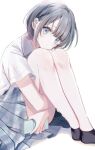  1girl blue_eyes cellphone closed_mouth grey_hair head_tilt highres looking_at_viewer misumi_(macaroni) original phone shadow shirt shoes short_hair short_sleeves silver_hair simple_background sitting skirt smartphone white_background white_shirt 