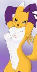  bandai_namco breasts clothing digimon digimon_(species) female gloves haaru hands_above_head handwear hi_res looking_at_viewer nipples nude renamon simple_background solo 