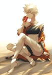  1girl backlighting bakugou_katsuki bare_shoulders barefoot bikini bikini_top_only blonde_hair boku_no_hero_academia can coca-cola crossed_legs drink drinking feet genderswap genderswap_(mtf) hand_on_ground holding holding_can holding_drink maneki-neko_(fujifuji) midriff profile sand sitting soda_can solo spiked_hair sweat swimsuit 