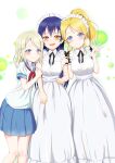  3girls absurdres alternate_costume apron arm_grab ayase_arisa ayase_eli blonde_hair blue_eyes blue_hair blue_skirt blush enmaided highres long_hair looking_at_viewer love_live! love_live!_school_idol_project maid maid_apron maid_headdress multiple_girls multiple_views ofuchobetto_shirai orange_eyes ponytail school_uniform serafuku shirt siblings sisters skirt smile sonoda_umi v white_background white_shirt 