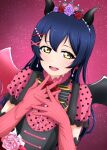  1girl absurdres bangs blue_hair blush commentary_request demon_girl demon_horns demon_wings earrings elbow_gloves flower frills gloves hair_ornament highres horns jewelry long_hair looking_at_viewer love_live! love_live!_school_idol_project open_mouth polka_dot short_sleeves simple_background smile solo sonoda_umi striped striped_gloves surv1v3-13005993 swept_bangs tiara wings x_hair_ornament yellow_eyes 
