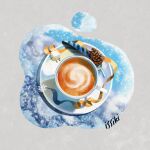  artist_name black_tea cup drink feathers food_focus from_above ice issiki_t no_humans original pinecone plate ribbon simple_background snowflakes sugar_cube tea teacup 