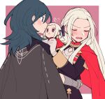  2girls blue_eyes blush breasts byleth_(fire_emblem) byleth_(fire_emblem)_(female) cape closed_mouth do_m_kaeru doll edelgard_von_hresvelg fire_emblem garreg_mach_monastery_uniform gloves hair_ornament hair_ribbon hug long_hair long_sleeves multiple_girls purple_eyes red_cape ribbon simple_background uniform white_hair yuri 