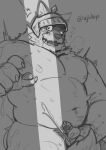  anthro armor belly blush bodily_fluids canid canine canis caught cum curtis_wuedti domestic_dog drooling embarrassed facial_hair genital_fluids genitals headgear helmet hi_res knight_captain_(ujishiyo) male mammal masturbation mature_male musclegut mustache navel nipples opening_door orgasm pecs penis saliva solo sweat 