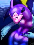  2012 angie_(shark_tale) anthro breasts dreamworks featureless_breasts female fin fish half-length_portrait looking_at_viewer marine navel non-mammal_breasts nude portrait purple_body purple_scales scales shark_tale solo teverant 