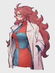  1girl android_21 breasts checkered_clothes checkered_dress closed_mouth dragon_ball dragon_ball_fighterz dress earrings glasses grey_background hands_in_pockets hoop_earrings jewelry kemachiku labcoat large_breasts looking_away looking_to_the_side red_ribbon_army simple_background smile solo 