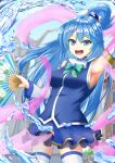  1girl :d aqua_(konosuba) arm_up armpits bare_shoulders blue_eyes blue_hair blue_skirt bow breasts commentary cowboy_shot detached_sleeves eyebrows_visible_through_hair eyelashes forehead frilled_skirt frills green_bow hair_between_eyes hair_bobbles hair_ornament hand_fan highres holding kono_subarashii_sekai_ni_shukufuku_wo! legs_apart long_hair open_mouth outdoors pink_sash sash skirt smile solo standing statue suzuki_(white-world) thighhighs watercraft 