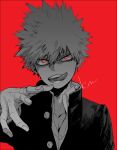  1boy bakugou_katsuki blonde_hair boku_no_hero_academia gakuran looking_at_viewer male_focus mkm_(mkm_storage) reaching_out red_background red_eyes school_uniform signature simple_background solo spiked_hair teeth tongue tongue_out upper_body 