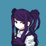  1girl 4qw5 apron black_hair closed_mouth collared_shirt jill_stingray looking_at_viewer lowres pixel_art purple_eyes shirt twintails va-11_hall-a white_shirt 