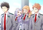  2boys 2girls black_hair blazer boku_no_hero_academia brother_and_sister brown_eyes collared_shirt eri_(boku_no_hero_academia) headpat horns izumi_kouta jacket long_hair m_(yamaido) multiple_boys multiple_girls necktie older open_mouth orange_hair purple_hair school_uniform shimano_katsuma shimano_mahoro shirt siblings single_horn smile teenage u.a._school_uniform 