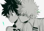  ! 2boys bakugou_katsuki blazer boku_no_hero_academia collared_shirt greyscale hug hug_from_behind jacket kiss kissing_neck male_focus mkm_(mkm_storage) monochrome multiple_boys necktie school_uniform shirt signature simple_background spiked_hair spot_color u.a._school_uniform white_background yaoi 