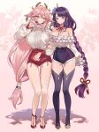  2girls absurdres animal_ears braid braided_ponytail breasts cleavage earrings fox_ears fox_shadow_puppet genshin_impact gold_earrings high-waist_shorts highres jewelry large_breasts long_hair looking_at_viewer mell_(dmwe3537) multiple_girls pink_hair purple_eyes purple_hair purple_legwear purple_shorts raiden_shogun red_shorts shorts sideboob smile thighhighs yae_miko 
