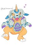  &lt;3 animal_skin anthro bandai_namco belly belly_markings claws digimon digimon_(species) eyes_closed gabumon hi_res horn male markings sekizamurai simple_background solo white_background yellow_body 