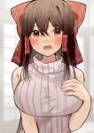  1girl alternate_breast_size blush bow brown_hair hair_tubes hakurei_reimu highres indoors medium_hair open_mouth red_bow red_eyes sidelocks sleeveless solo sweater tamagogayu1998 touhou white_background 