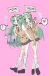  ! 2girls :d bag bandaid bandaid_on_leg blazer cellphone choi_sunset2 flip_phone green_eyes green_hair heart highres higurashi_no_naku_koro_ni jacket leaning_on_person long_hair long_sleeves loose_socks multiple_girls necktie one_eye_closed phone plaid plaid_skirt school_uniform short_sleeves siblings sisters skirt smile sonozaki_mion sonozaki_shion star_(symbol) sweater_vest twins 