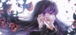  1girl artist_name black_hair cross cross_earrings earrings flower hands_up jewelry kiwikong long_hair looking_to_the_side medea_solon purple_eyes purple_hair solo white_background your_throne 