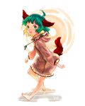  1girl :o absurdres adapted_costume ahoge animal_ears backlighting bangs barefoot brown_tail chinese_knot dog_ears dog_tail dot_nose drawstring floating_hair flower_knot frills from_side full_body green_eyes green_hair green_pupils highres hood hood_down hoodie htk_mikan kasodani_kyouko leg_up long_sleeves looking_at_viewer looking_to_the_side open_mouth pavement pink_hoodie puffy_long_sleeves puffy_sleeves running_bond short_hair signature solo standing tail tareme touhou white_background 
