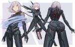  +_+ 1girl android arm_mounted_weapon arms_at_sides bangs black_necktie bob_cut border breasts detached_collar dual_wielding electricity facing_away fighting_stance frown grey_background grey_eyes grey_hair hair_over_shoulder highres holding holding_polearm holding_weapon legs_apart looking_at_viewer mecha_musume multiple_views necktie original outside_border parted_lips polearm see-through_sleeves short_hair short_sleeves simple_background standing transformation weapon white_border xzu 