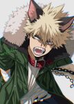  1boy animal_ears bakugou_katsuki bandaged_arm bandages blonde_hair boku_no_hero_academia chain collar fangs fur_collar green_jacket jacket male_focus mkm_(mkm_storage) open_mouth red_collar red_eyes shirt signature simple_background solo spiked_hair teeth werewolf white_shirt wolf_ears 