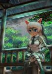  1girl aardwolf_(kemono_friends) aardwolf_ears aardwolf_girl aardwolf_print aardwolf_tail bangs bare_shoulders black_hair brown_eyes collarbone day elbow_gloves extra_ears eyebrows_visible_through_hair feet_out_of_frame fuji_takanasu gloves grey_hair hair_between_eyes highres kemono_friends knees_together_feet_apart long_hair looking_to_the_side multicolored_hair necktie outdoors pantyhose parted_lips print_gloves print_legwear print_shirt rain shirt shorts sitting sleeveless sleeveless_shirt solo water wing_collar 