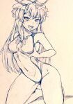  1girl alternate_costume bare_legs barefoot breast_hold breasts commentary_request covered_navel d-m_(dii_emu) eyebrows_visible_through_hair eyelashes greyscale hat long_hair looking_at_viewer mob_cap monochrome naughty_face one-piece_swimsuit open_mouth small_breasts swimsuit touhou yakumo_yukari 