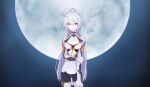  1girl bails bangs blue_eyes bodysuit breasts cleavage closed_mouth full_moon highres honkai_(series) honkai_impact_3rd kiana_kaslana kiana_kaslana_(white_comet) long_hair looking_at_viewer moon night night_sky ponytail sky smile solo white_bodysuit white_hair 