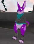  3_toes accessory anthro bag bandana_on_neck beans_(disambiguation) big_ears big_feet big_nose big_tail blue_eyes clothing feet footwear fur fur_markings furgonomics hi_res hoodie kangaroo macropod male male/male mammal markings marsupial nails purple_body shoes smile solo tail_accessory tail_bag toes topwear vr_(disambiguation) vr_avatar vrchat wide_hips 