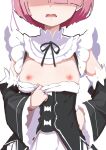  1girl black_dress black_ribbon bow breasts clothes_pull commentary detached_sleeves dress dress_pull hair_ornament hair_over_one_eye hand_on_hip head_out_of_frame highres maid morisobo neck_ribbon nipples no_bra open_mouth pink_hair ram_(re:zero) re:zero_kara_hajimeru_isekai_seikatsu ribbon roswaal_mansion_maid_uniform short_hair simple_background small_breasts solo white_background white_bow wide_sleeves 