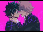  2boys bakugou_katsuki blonde_hair boku_no_hero_academia foreground_text freckles gakuran green_eyes green_hair hand_on_another&#039;s_neck imminent_kiss letterboxed looking_at_another male_focus midoriya_izuku mkm_(mkm_storage) multiple_boys open_mouth pink_background red_eyes school_uniform signature simple_background spiked_hair yaoi 