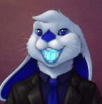  anthro black_suit blue_body blue_eyes blue_fur blue_inner_ear blue_necktie blue_nose blue_tongue bust_portrait cheek_tuft facial_tuft front_view fur glistening glistening_eyes hair hi_res lagomorph leporid long_ears looking_at_viewer male mammal mouth_shot necktie open_mouth portrait rabbit short_hair simple_background skyelegs solo teeth tongue tuft whiskers white_body white_ears white_fur white_hair 