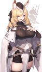  1girl :d absurdres animal_ear_fluff animal_ears arknights bangs blonde_hair blue_eyes breasts brown_headwear eyebrows_visible_through_hair fang hand_on_hip hand_on_own_chest hat highres horse_ears large_breasts long_hair long_sleeves looking_at_viewer mari0ball short_eyebrows smile solo sword thick_eyebrows weapon whislash_(arknights) 