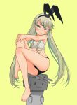  1girl alternate_costume barefoot black_panties blonde_hair bra commentary_request full_body grey_eyes highres kantai_collection kitsuneno_denpachi long_hair looking_at_viewer midriff panties rensouhou-chan shimakaze_(kancolle) sitting training_bra underwear underwear_only yellow_background 