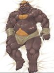  anthro barghest_(tas) bed belly belly_hair biceps body_hair brown_body brown_fur chest_hair exe_exem fur furniture hair lifewonders lying male mammal musclegut muscular muscular_arms muscular_thighs on_back red_eyes red_hair scar solo tokyo_afterschool_summoners ursid video_games 