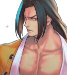  1boy black_hair chinese_clothes closed_mouth collarbone commentary english_commentary fatal_fury garou:_mark_of_the_wolves gato_(snk) grey_eyes heart highres ktovhinao long_hair looking_at_viewer male_focus pectoral_cleavage pectorals serious simple_background solo the_king_of_fighters the_king_of_fighters_xv upper_body white_background 