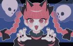  1girl :d animal_ears bangs black_bow black_nails blush bow braid cat_ears dress extra_ears fang fangs gao hair_bow highres hitodama kaenbyou_rin letterboxed long_sleeves looking_at_viewer nail_polish open_mouth outline outside_border red_eyes red_hair roserose626 skin_fangs skull smile solo touhou twin_braids white_outline 